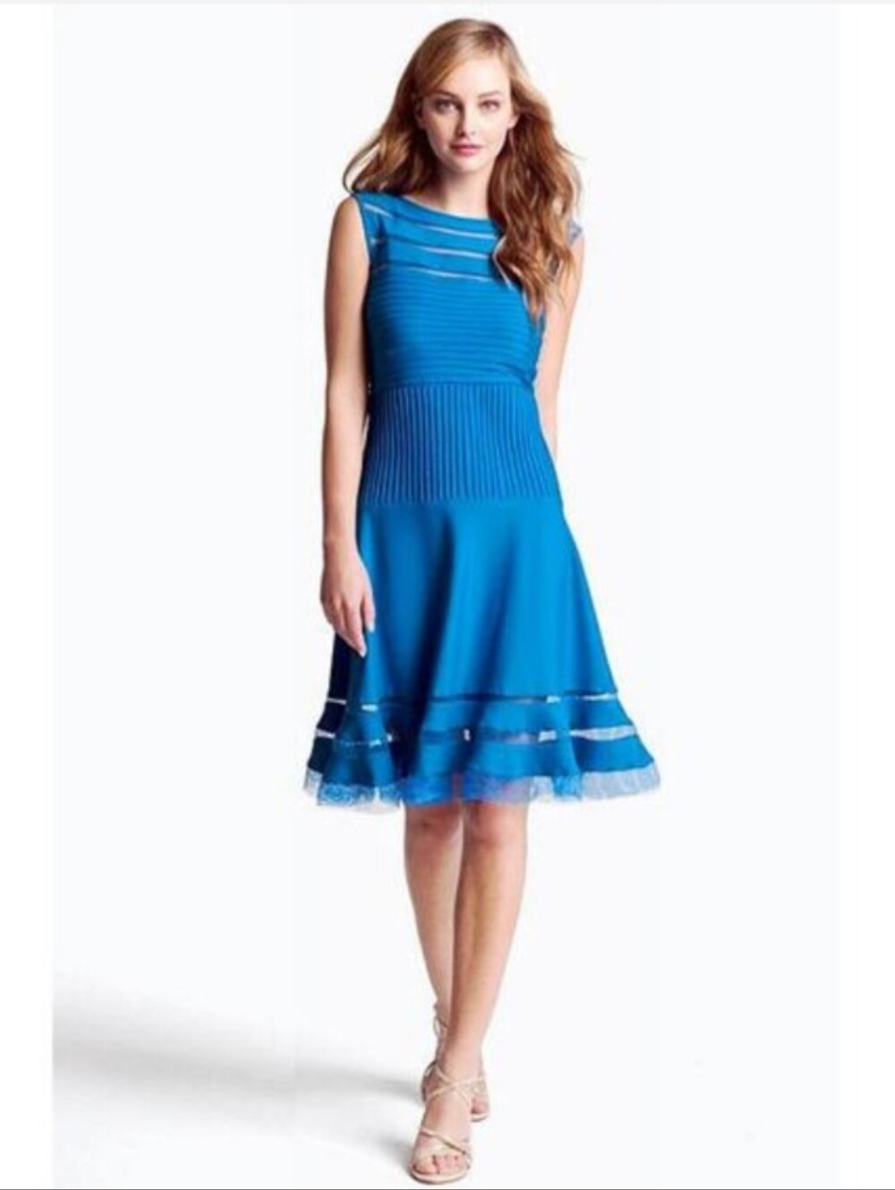 Tadashi Shoji Blue Fit & Flare mesh illusion dress